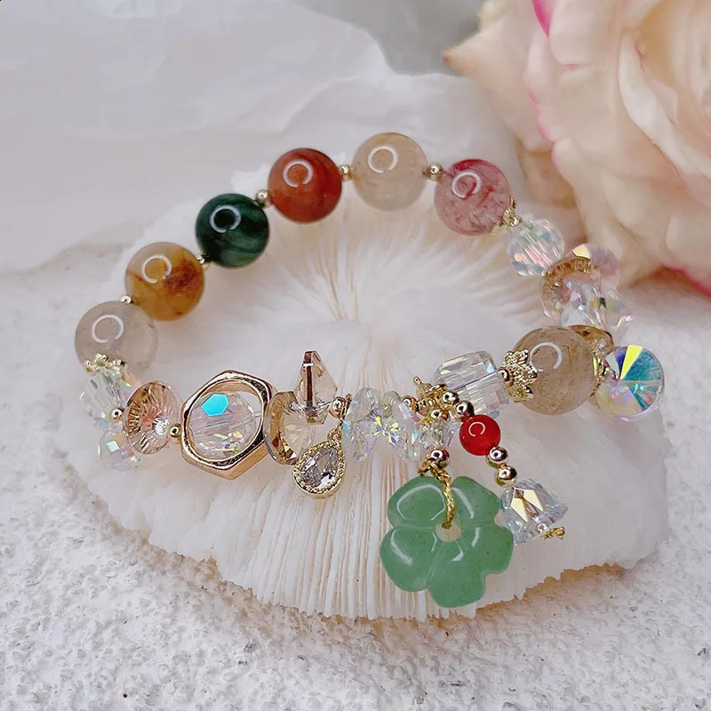 Natural green jadeite flower water droplet pendant multi-color rutile crystal bead bracelet exquisite jewelry for women YBR572 250407