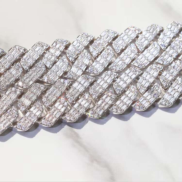 Heavy Silver Luxury Necklace 19mm Wide D Color VVS Moissanite Baguette Moissanite Diamond Cuban Link Chain