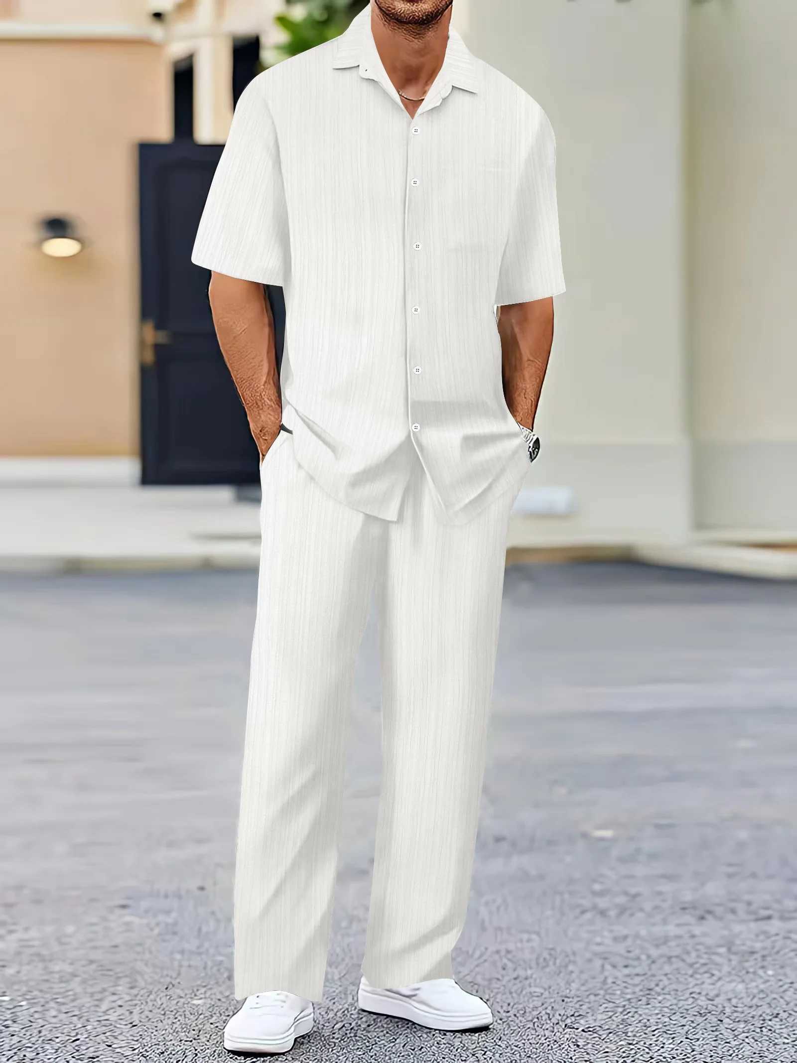 European and American Mens Shirt Set Solid Color Vertical Stripe Collar Short Sleeve Casual Pants Family Daily Beach SetXJ250412
