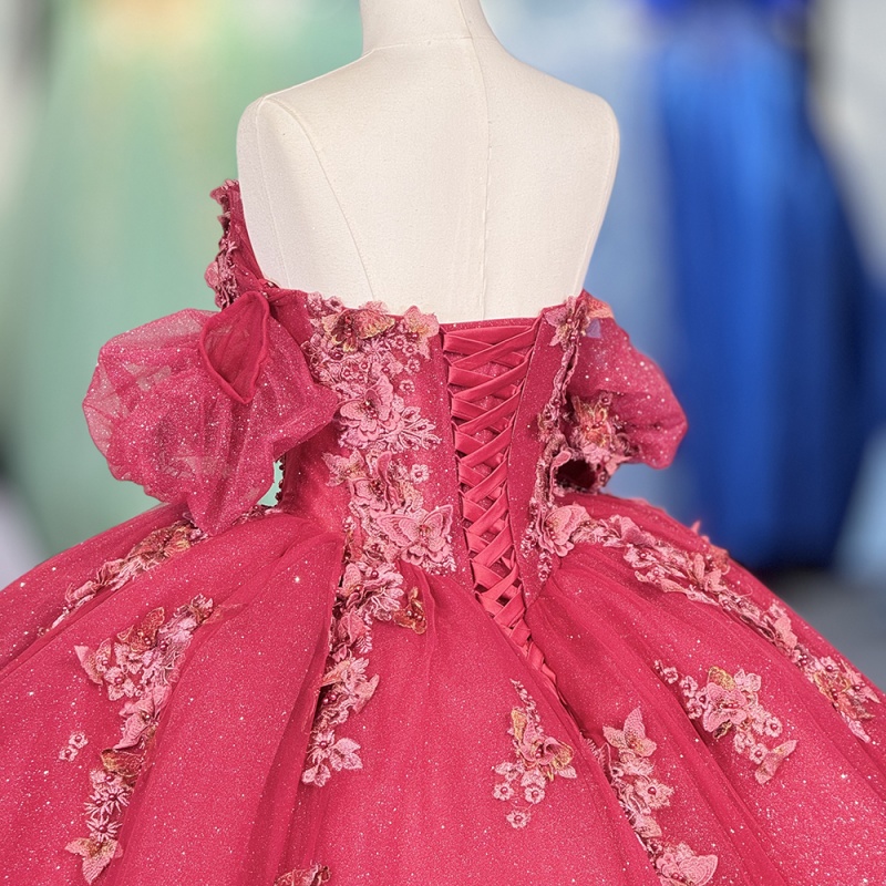 Red Shiny Princess Quinceanera Dresses Off Shoulder Beading Applique Bow Tull Sweet 16 Dress Ball Gown Vestidos 15 Anos