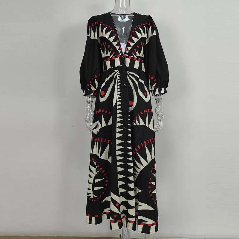 Summer Fashion Pattern Print Long Spring Elegant Deep V-Neck Split Bohemian Women Casual Lantern Sleeve Party Dress