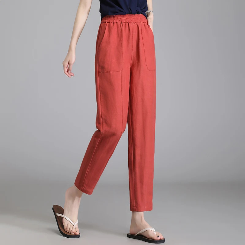 2025 Elastic Waist Linen Lanterns Loose 9-point Casual Pants Harun Pants Spring Summer Cotton Linen Womens Fat MM S-4XL 250411