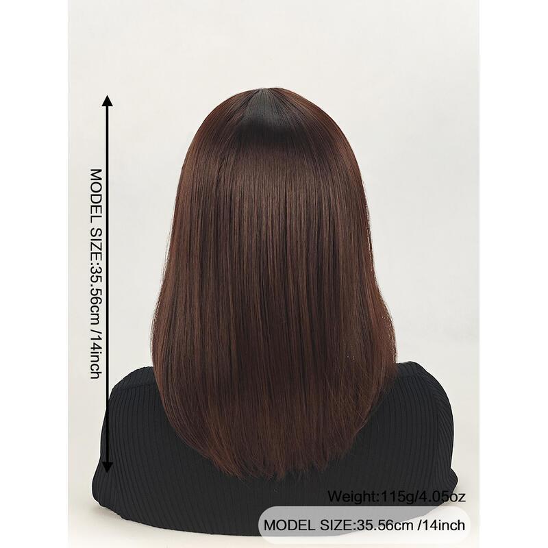 Shoulder-Length Layered With Bangs -14 Inch Peek-a-boo Color Black Mix Brown Mid-Length Wavy For en brown Women, Heat Resistant Synthetic Hair Replace