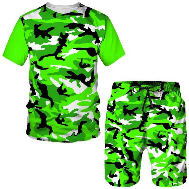 Summer mens shorts set mens street T-shirt two-piece 3D camouflage printed casual sportswear O-neck sportswearXJ250412