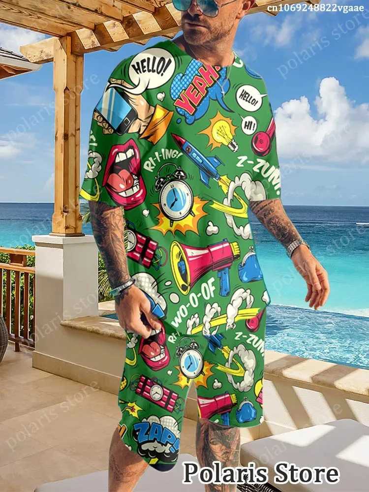 Summer Graffiti Sportswear Mens Fun T-shirt Set Manga Illustrations Loose Clothing Hip Hop Sportswear Two Piece Set Uniform LigXJ250412