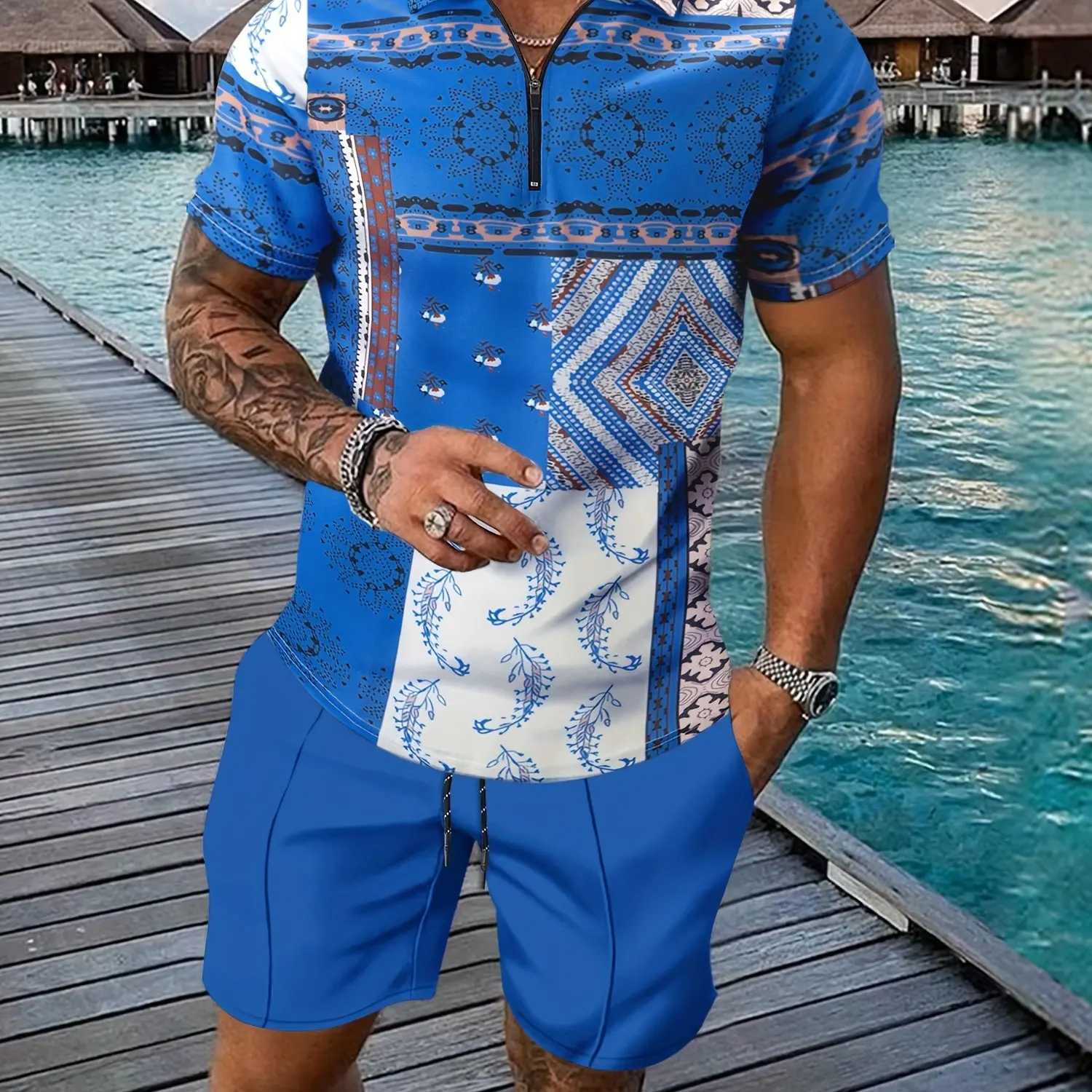 Retro ethnic style totem 3D printed mens sportswear set summer zipper polo shirt+shorts 2-piece set mens clothing track setXJ250412