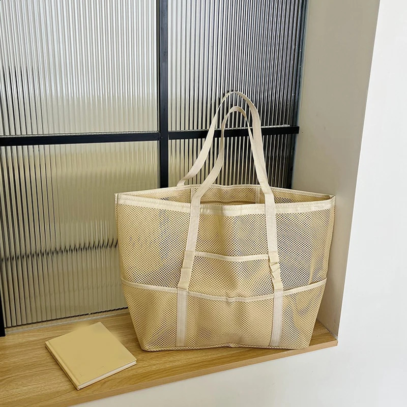 Large Capacity Canvas Beach bag Versatile Commuting Shopping Shoulder bag Lightweight Semi Transparent Mesh Hollow bag 250407