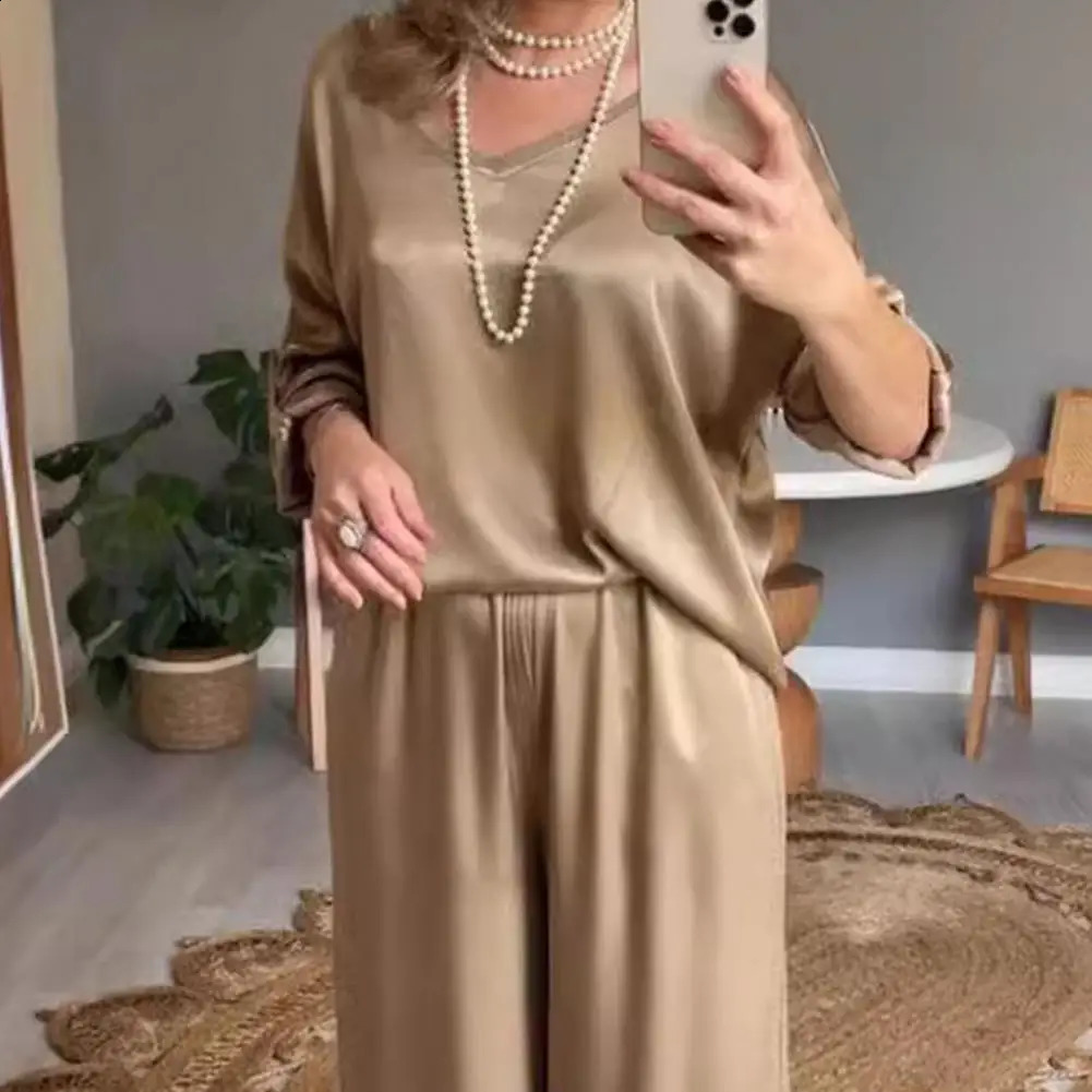 Lady Summer Outfit Stylish Womens Summer Set V Neck Top Wide Leg Trousers Sport Outfit with High Elastic Waist 2 Pcs/set 250411