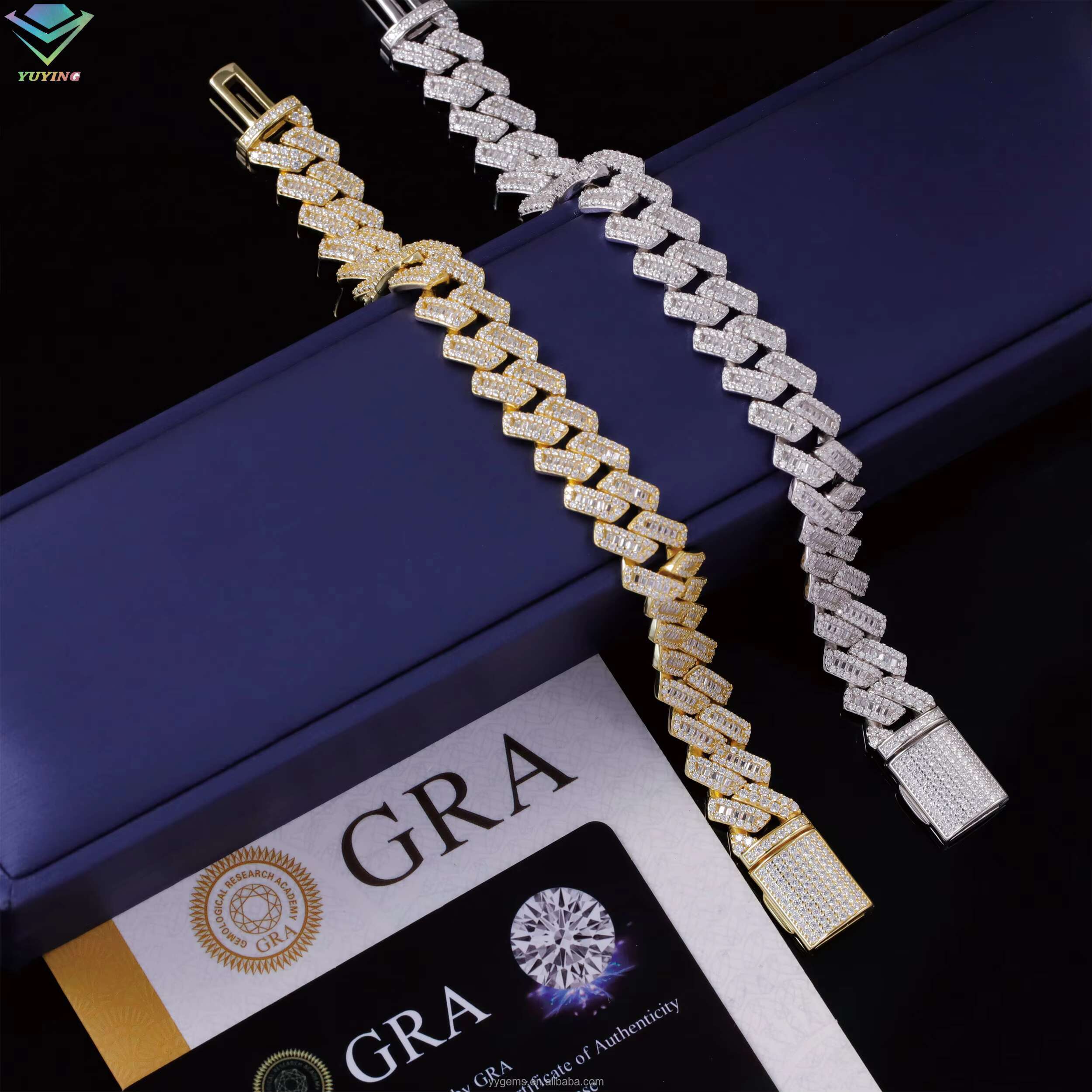 Yu ying VVS Moissanite Bracelet 13mm S925 Silver Hip Hop Bracelet iced out Baguette Moissanite Diamond Cuban Bracelet For Men