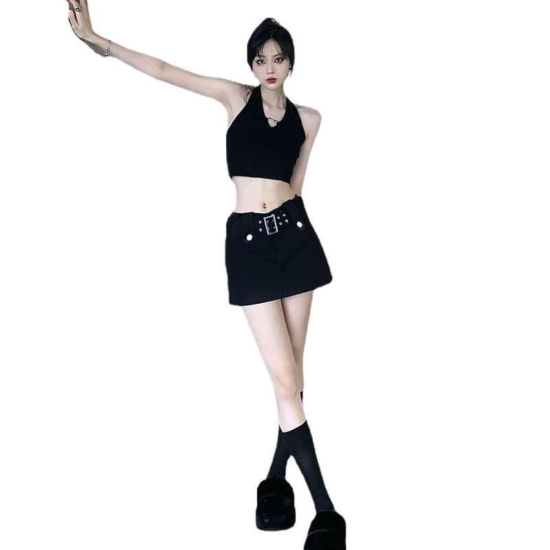 X123 denim skirt half skirt women high waist skirt short skirt design belt skirt vest