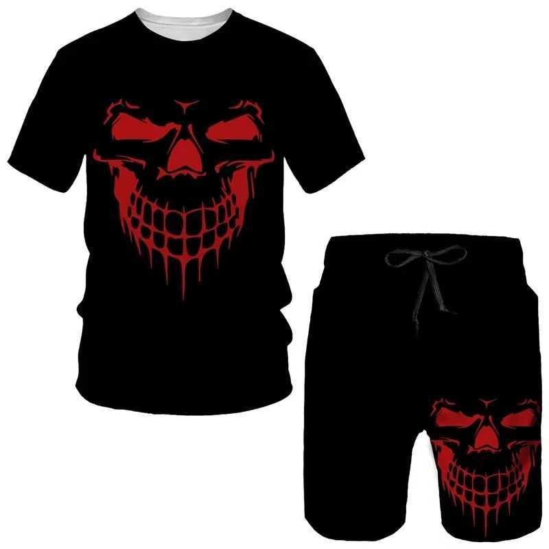 Skull 3D 2-piece mens printed 2025 summer short sleeved sportswear Gothic graphic top set mens lightweight and breathableXJ250412