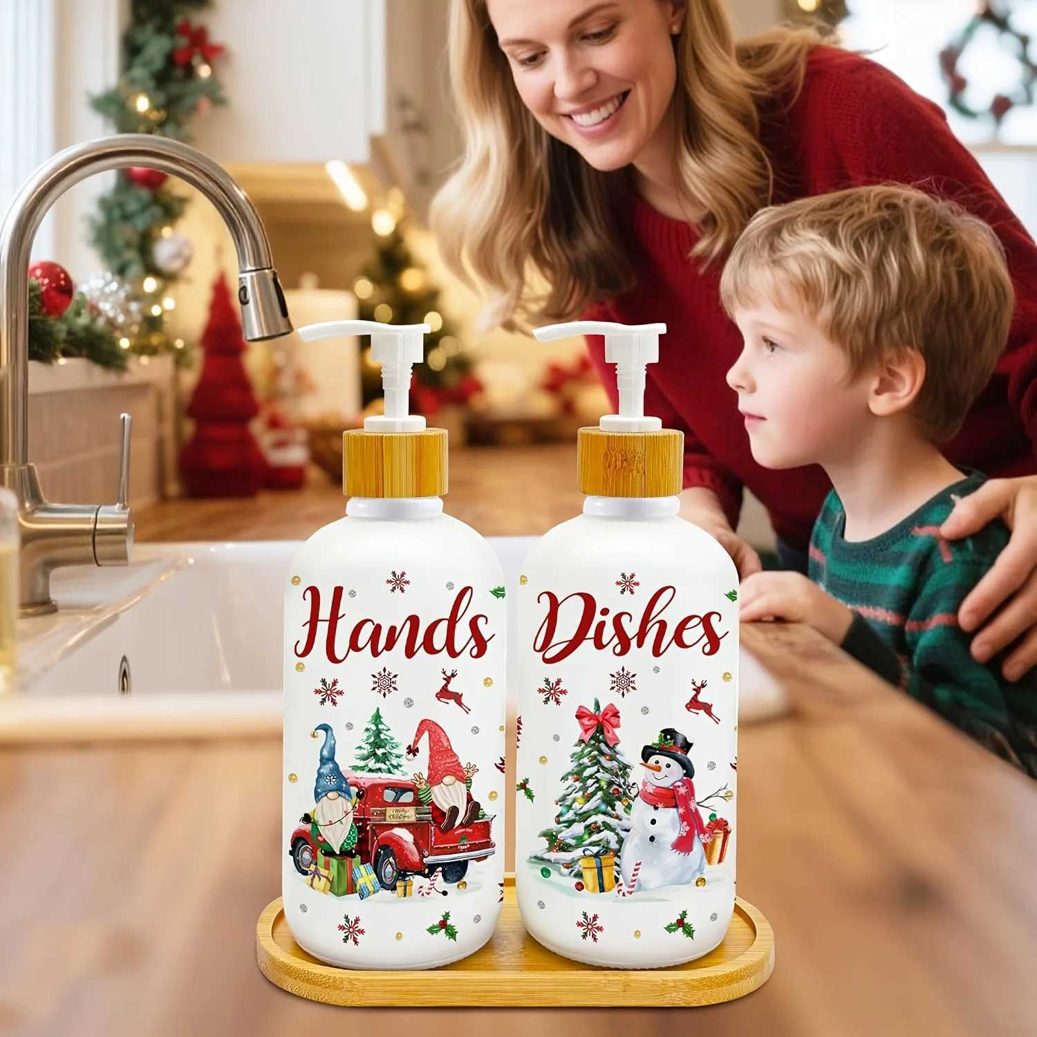 Christmas Christmas Soap Dispenser Set of 2 Christmas Kitchen Decor Xmas Gnomes Soap Dispenser with Tray for Home Indoor Decorations Y251112