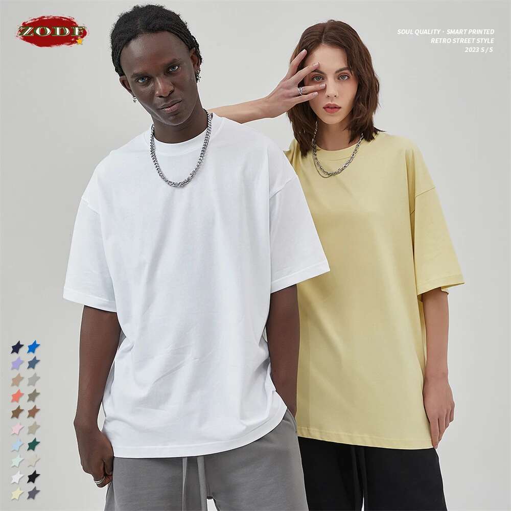 ZODF 2024 Spring Summer Men Solid 100% Cotton T-Shirts Unisex Women Loose 230Gsm Noshrink Basic T Shirt Brand Tops Hy0151