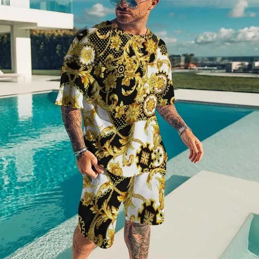 2025 Summer New Mens Luxury Gold Pattern Sports Shirt 3D Printed Short Sleeve T-shirt Set Fashion Casual Mens T-shirt Double PiXJ250412