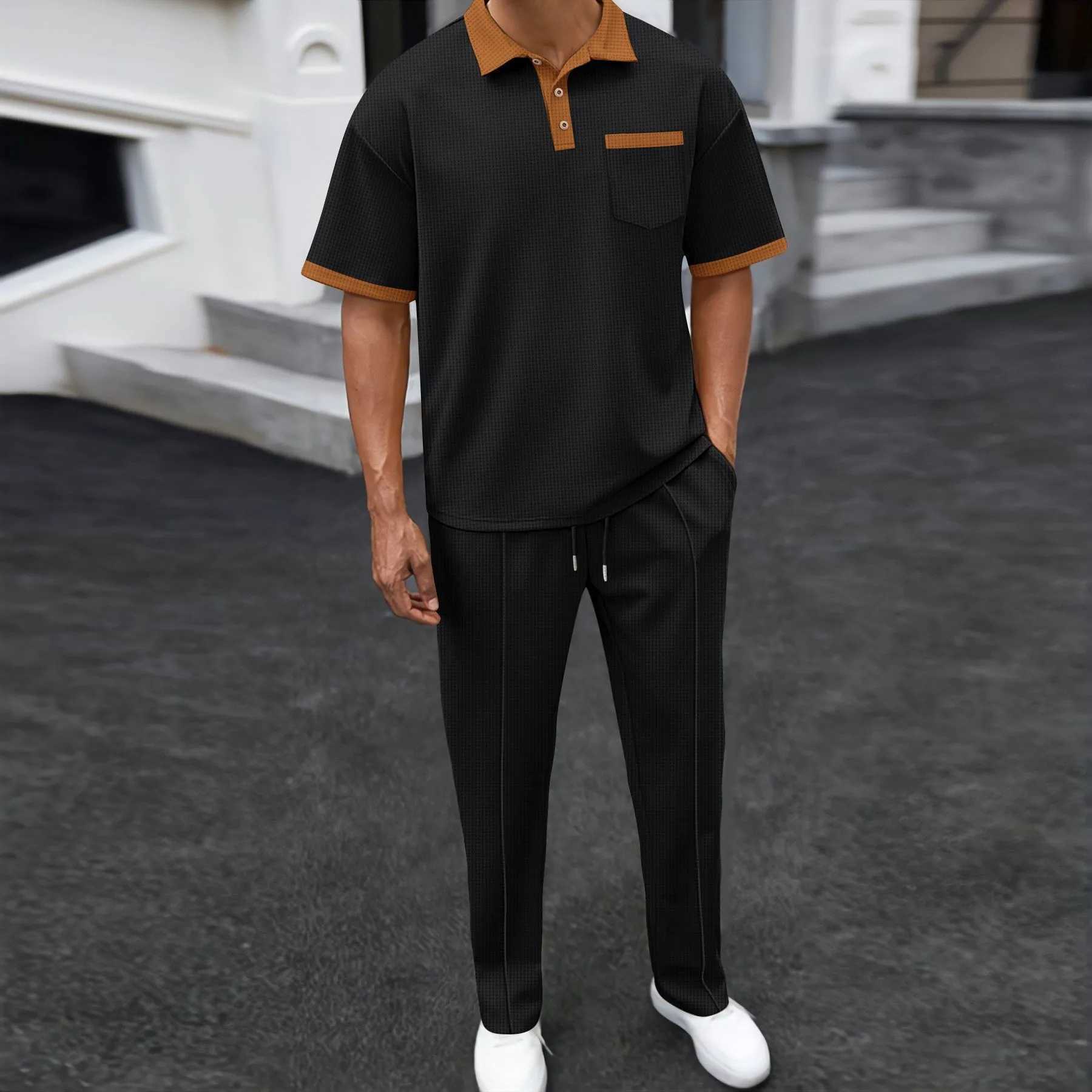 2025 Summer Mens Solid Color Waffle Neck Casual Pocket Polo Short Sleeve Pants SetXJ250412