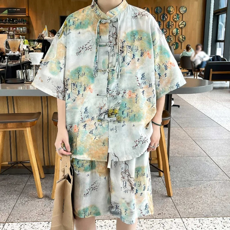 Chinese Style Casual Sets Men Summer Loose Set Short Shirts Shorts Plus Size 5XL Men Fashion Print Tracksuits Mens Clothing 250407