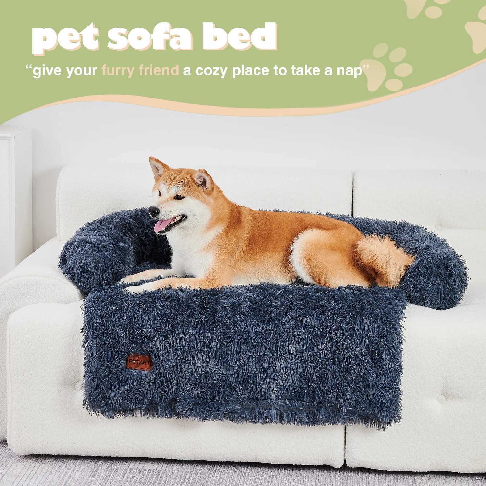 Dog sofa mattress with fluffy plush dog sofa bed equipped with a blanket and a detachable and washable pet protector suitable for medium and large dog