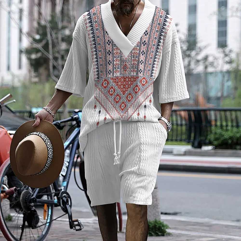 2024 Summer Casual Shorts Set Knitted Two Piece Mens V-neck Short Sleeve T-shirt and Short Sleeve Street Clothing Knitted SetXJ250412