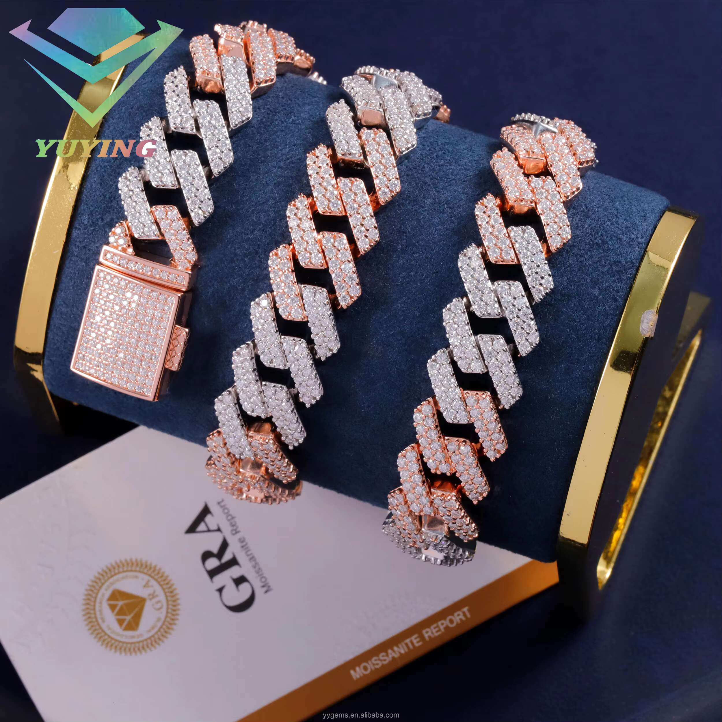 Hip Hop Jewelry 15mm 2 Rows of Diamond Necklace 18K Gold Plated VVS Moissanite Bracelet 925 Silver Iced Out Cuban Link Chain