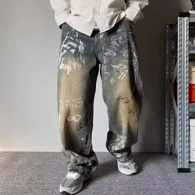 New Graffiti Printed Baggy Jeans For Men Y2K Vintage Distressed Blue Haruku Denim Pants High Street Straight-leg Jean Trousers