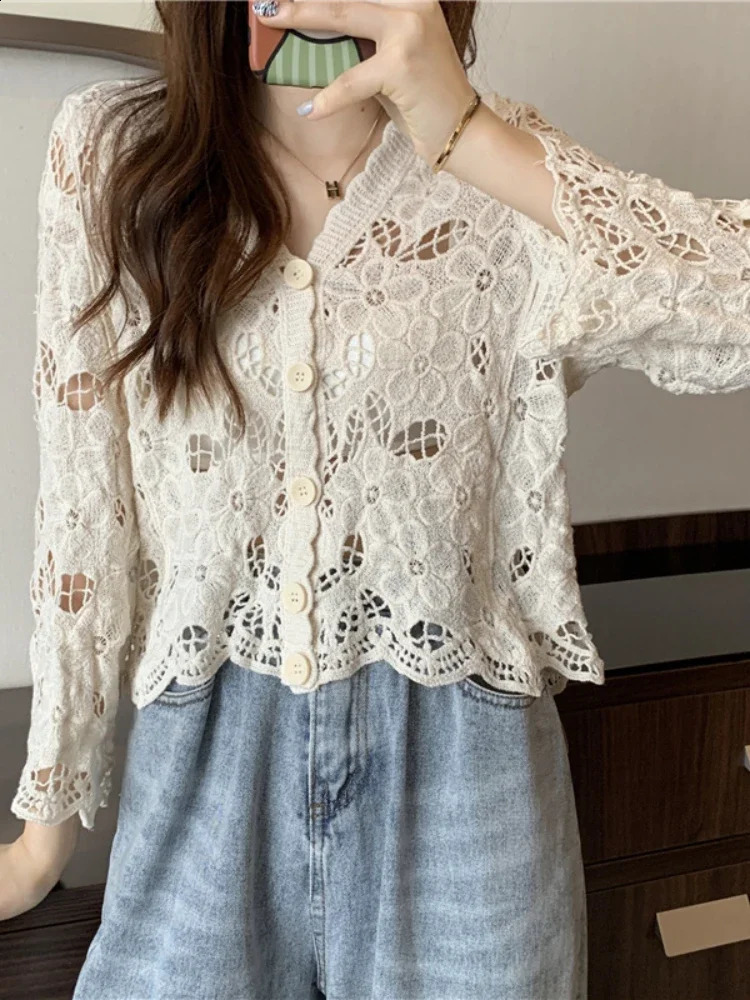 V-neck Solid Lace Long-sleeved Openwork Button Long Sleeve Top Cover-ups Blouse Women Cardigan Hollow Mesh Cardigan Knitwear 250411