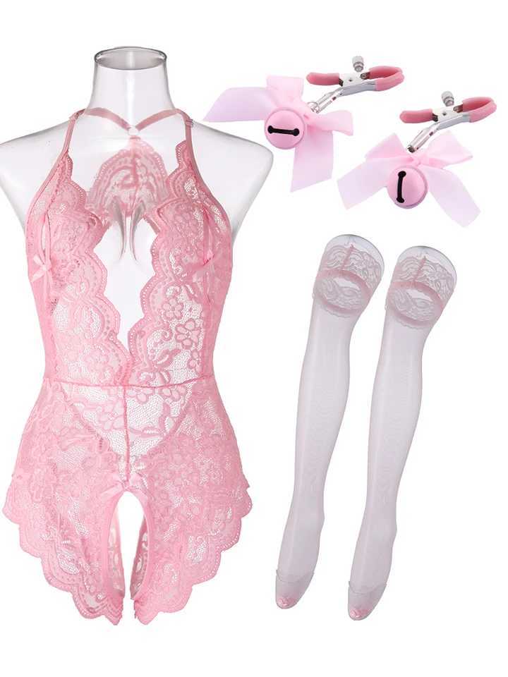 Sexy lingerie womens hollow erotic sleepwear lace evening gown sexy womens crotch less dress transparent dress pink party night W250412