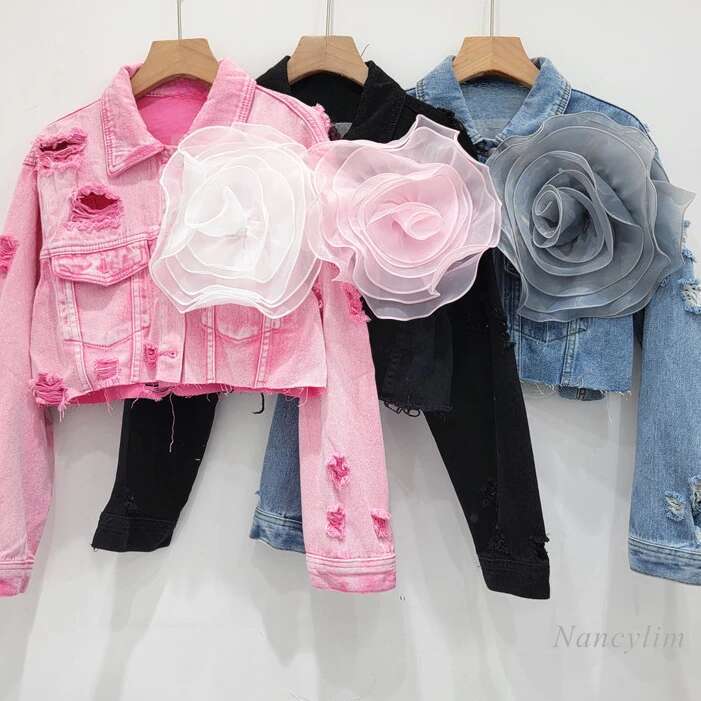 Three-Dimensional Wer Fashion Tie-Dyed Pink Ripped Cool Short Denim Coat Female Fashionable Street Jean Jacket Holes Coats