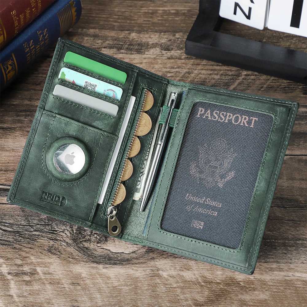Genuine cowhide passport holder with Airtag shell travel wallet anti loss pocket pen card holder RFID blocking passport cover Z250411