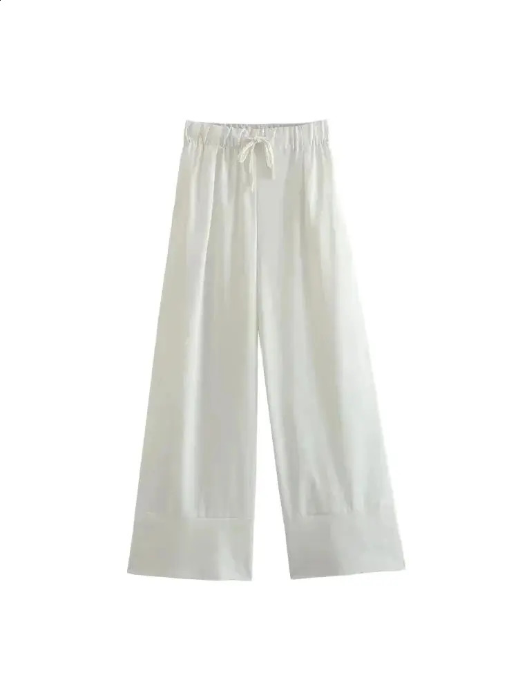 TRZA Women Fashion Side Pockets Linen Wide Leg Pants Vintage High Elastic Waist With Drawstrings Female Trousers Mujer 250411