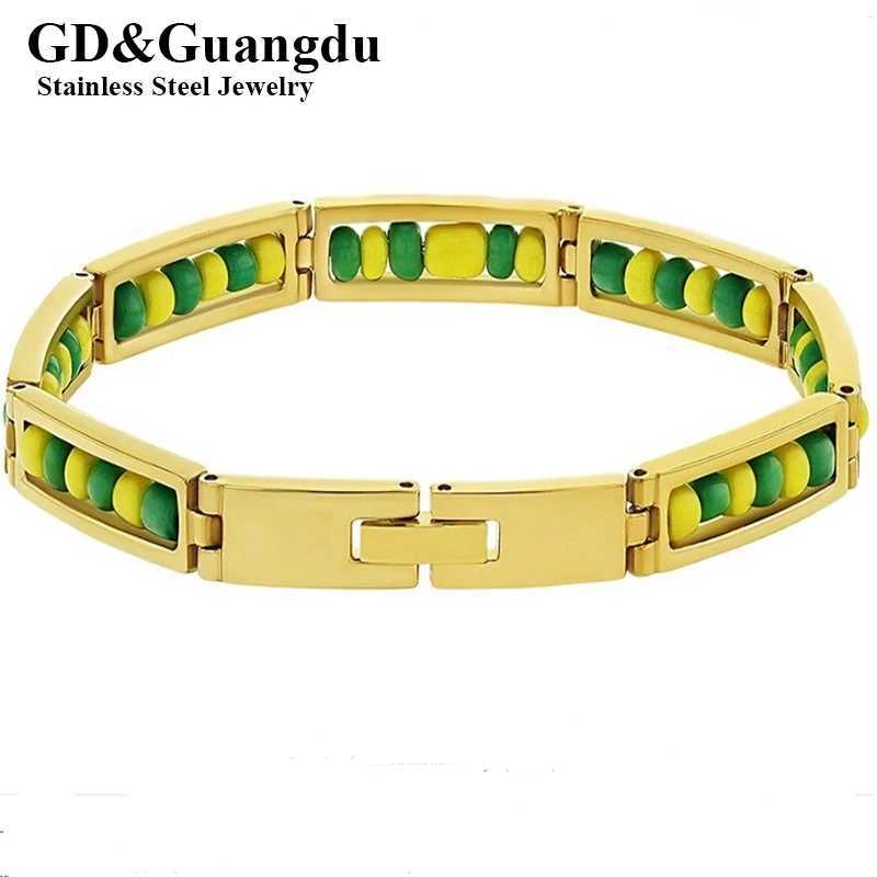 Wholesale New Stainless Steel Jewelry Green and Yellow Color Orula Bracelet Mix Beads Unisex Shango Ochun Bangle For WomenC250411