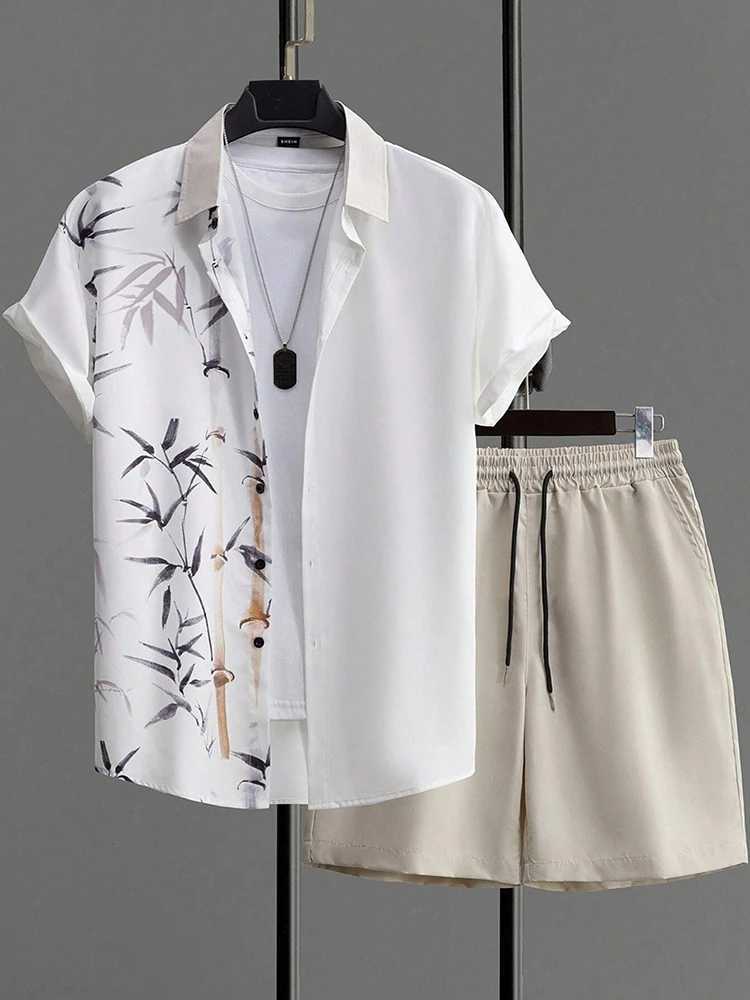 Summer mens short sleeved and beach shorts set daily city street mens casual shirt outdoor sports mens shortsXJ250412