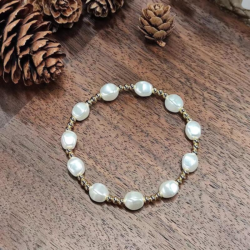 5 Pcs Elegant Freshwater Pearl and Gold Bead Stretch Bracelet