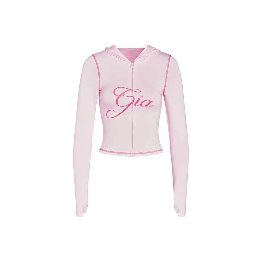 Designer Clothes Iamgia Pink Cotton Zipper Hooded Long Sleeved High Stretch Top Low Waist Micro Flared Pants For Women 2024