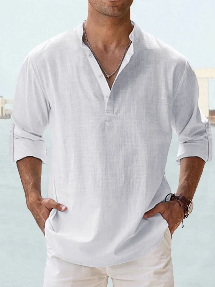 2025 Mens Cotton Linen Shirt Long Sleeve Stand Collar Casual Black White Top Street Casual Big Size Shirts Blouses 250411