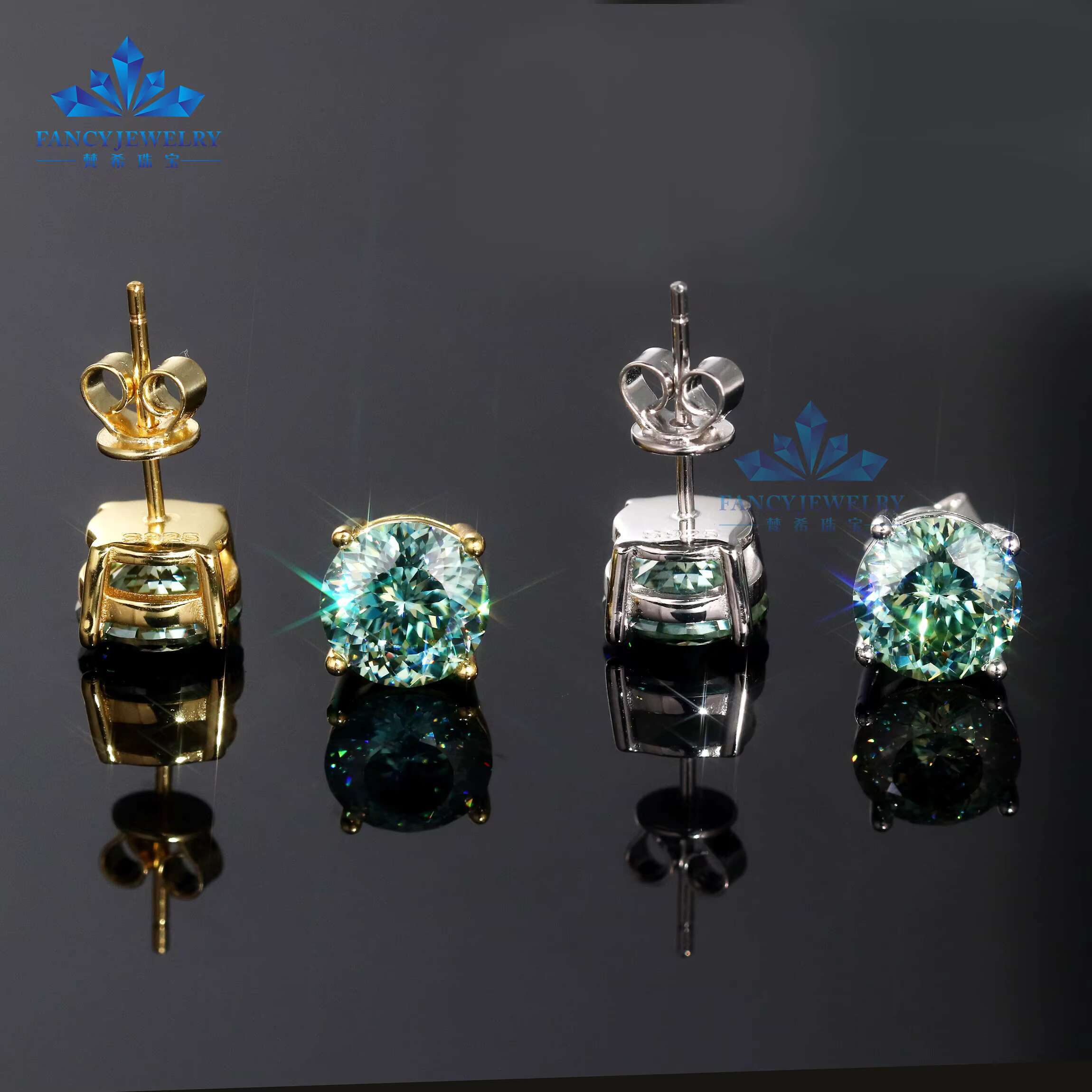 Professional Technology 925 Sterling Silver Stud Earrings 8mm Moissanite with Round Portuguese Cut Blue-Green Fine Jewelry