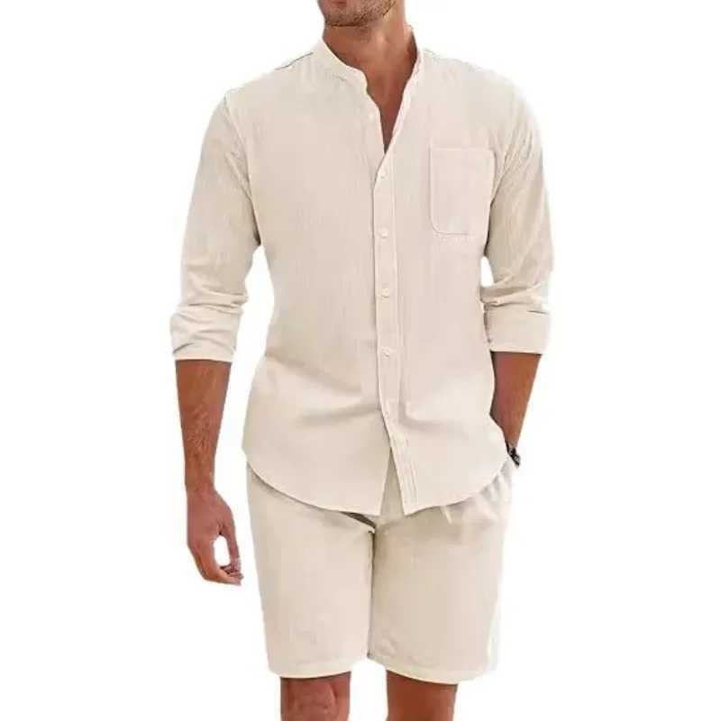 Mens two-piece cotton linen comfortable button up shirt long sleeved cardigan casual beach wearXJ250412