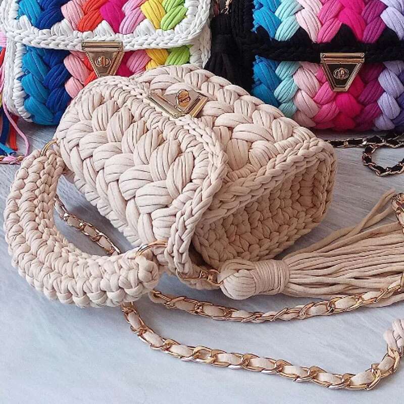 New Handmade Lady Shoulder Crochet Woven Bag Fabric Strip Designer Handbag Purses For Women Tote Bags