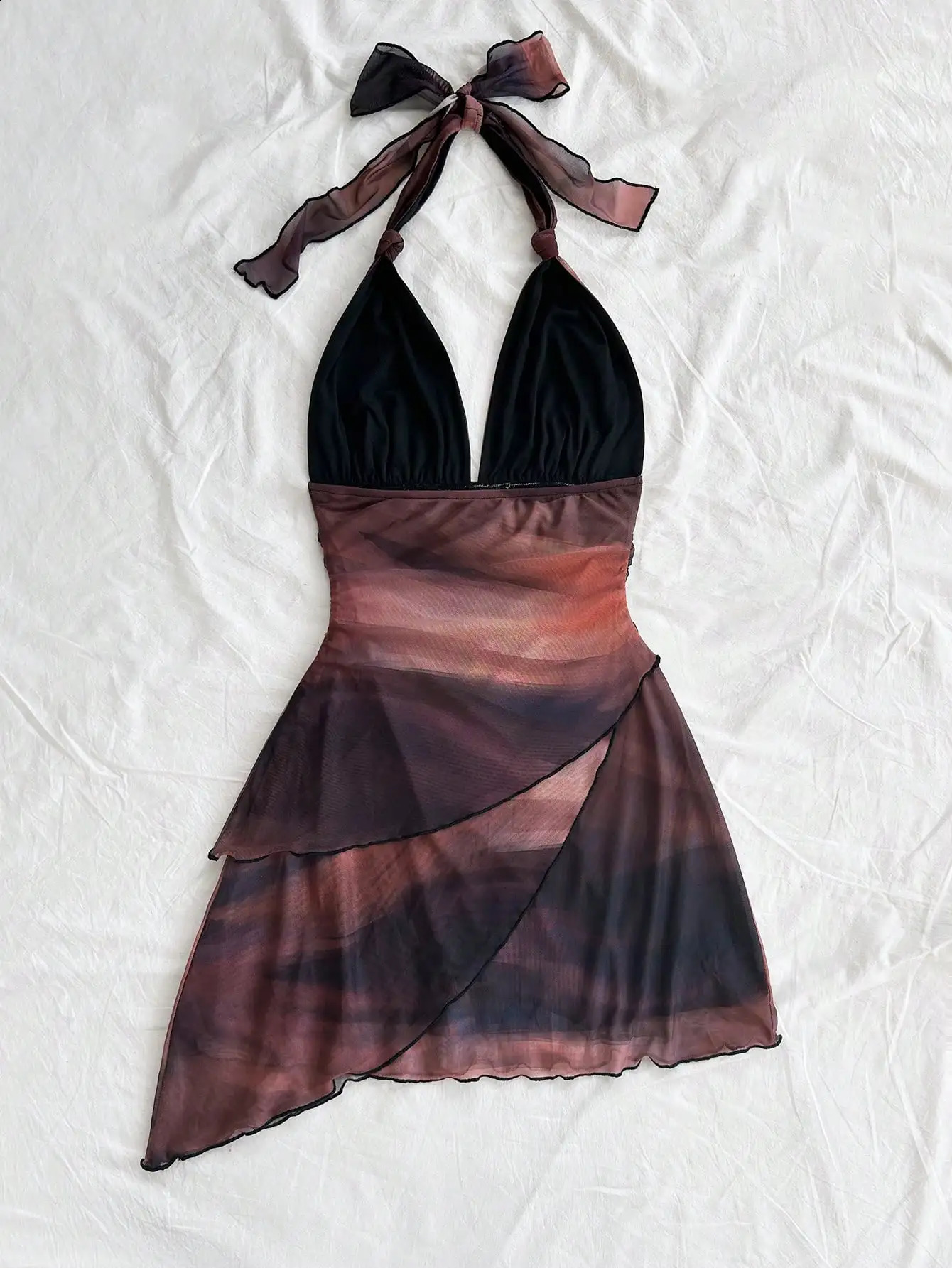 European and American Fashion Gauze Printed Collar Sleeveless Sexy Tight Deep V-Short Sexy Pure Backless Dress 250408