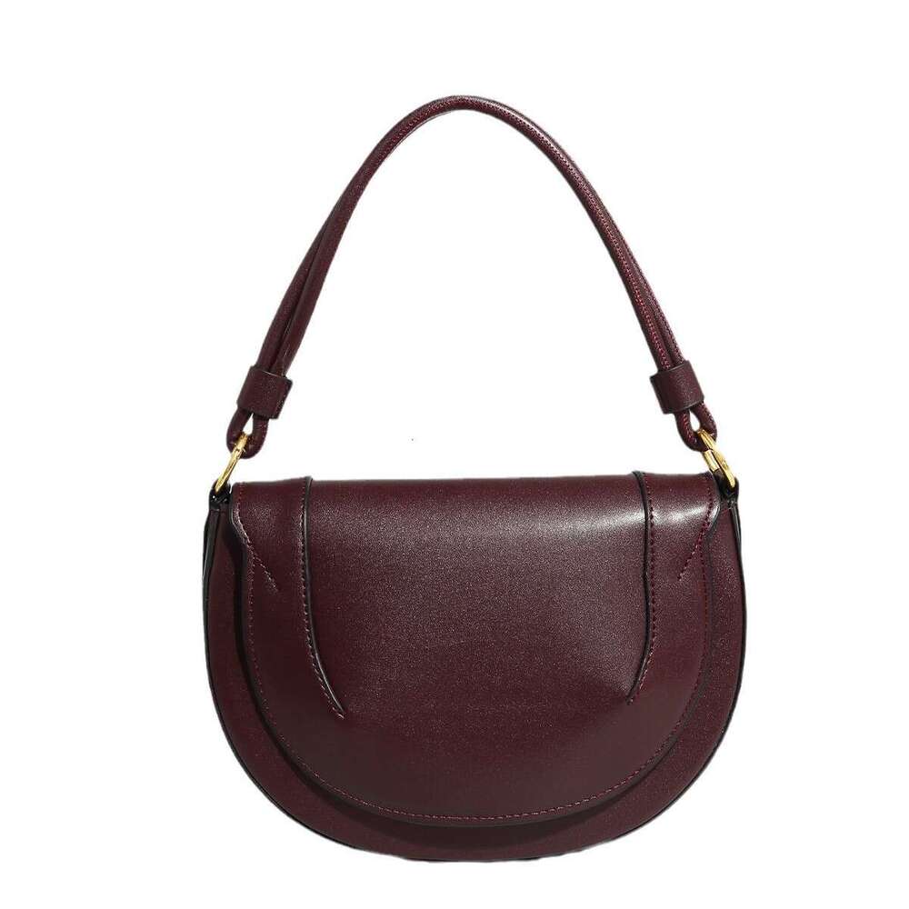 Spring New Product: Women's Wine Red Saddle Bag, Color Contrasting Thread Cutting Decoration, Handheld Single Cross Shoulder Flip Hard Bag