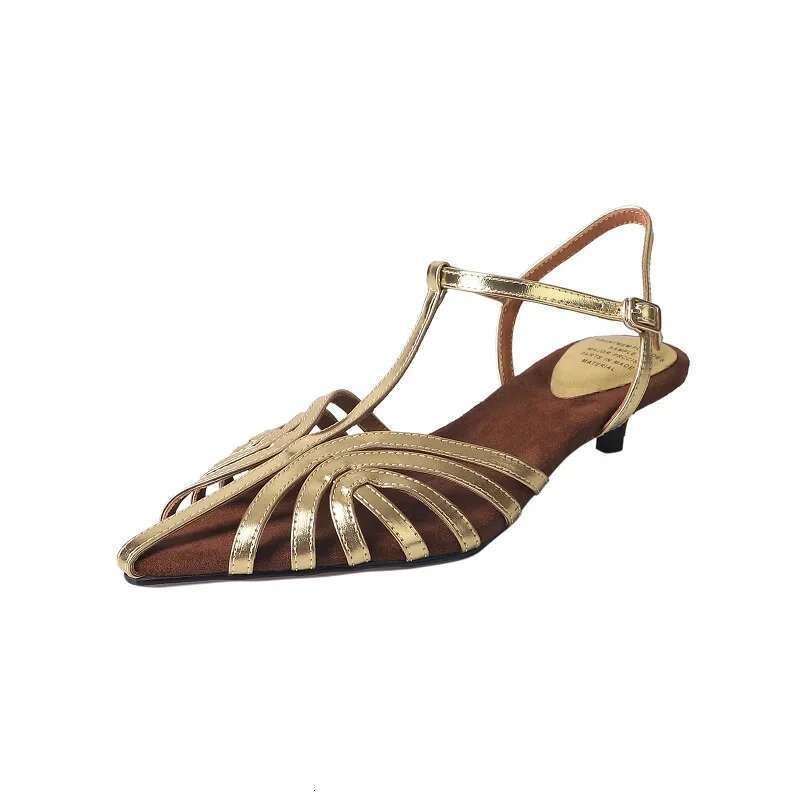 Designer Women Narrow Band Sexy Sandals Kitten Heels Pointed Toe Ladies Concise Footwear Summer Golden Shoes