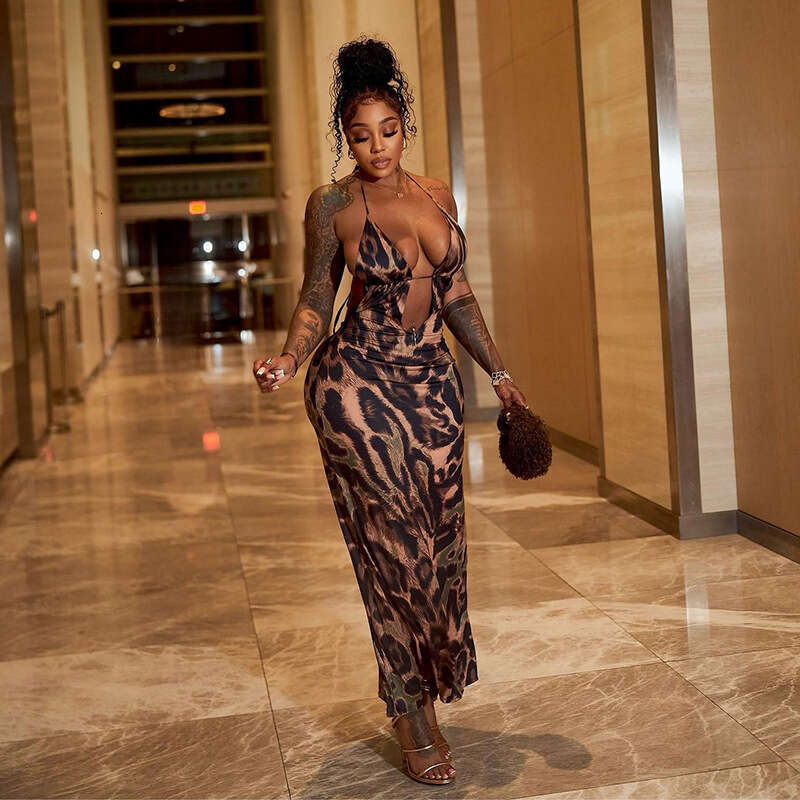 Women's Wear Summer Women's Fashion Sexy Hanging Neck Strap, Open Navel And Back Leopard Pattern Long Dress