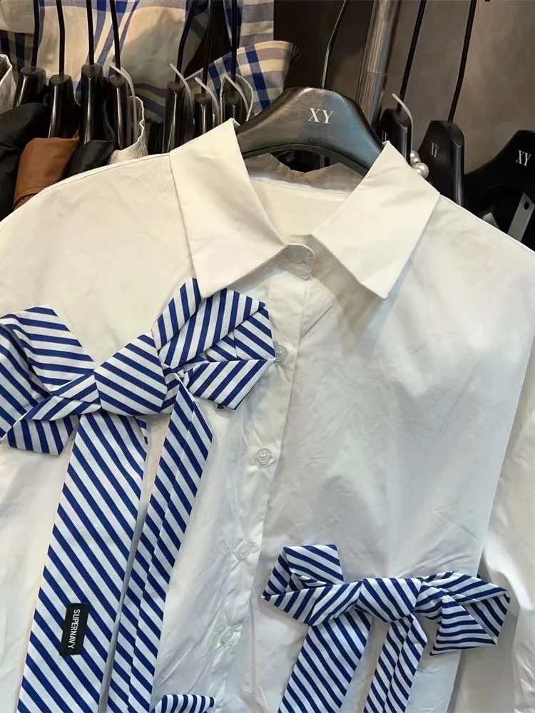 Big Bows Stitch Mid-length Shirts Blouses For Womens Autumn Buttons Up Long Sleeve Loose Top Blusas Korean Clothes 250411