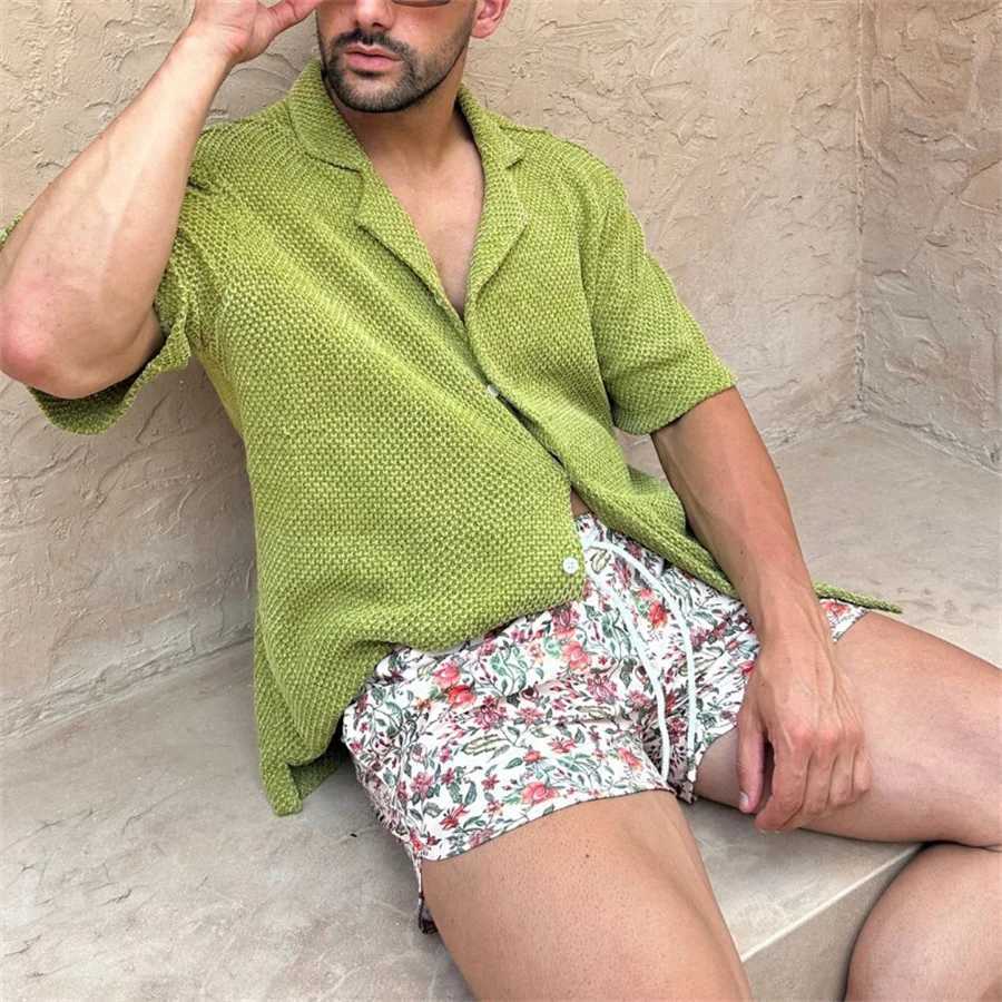 Breathable knitted mens shorts set summer casual short sleeved shirt and short sleeved two-piece set mens sportswearXJ250412