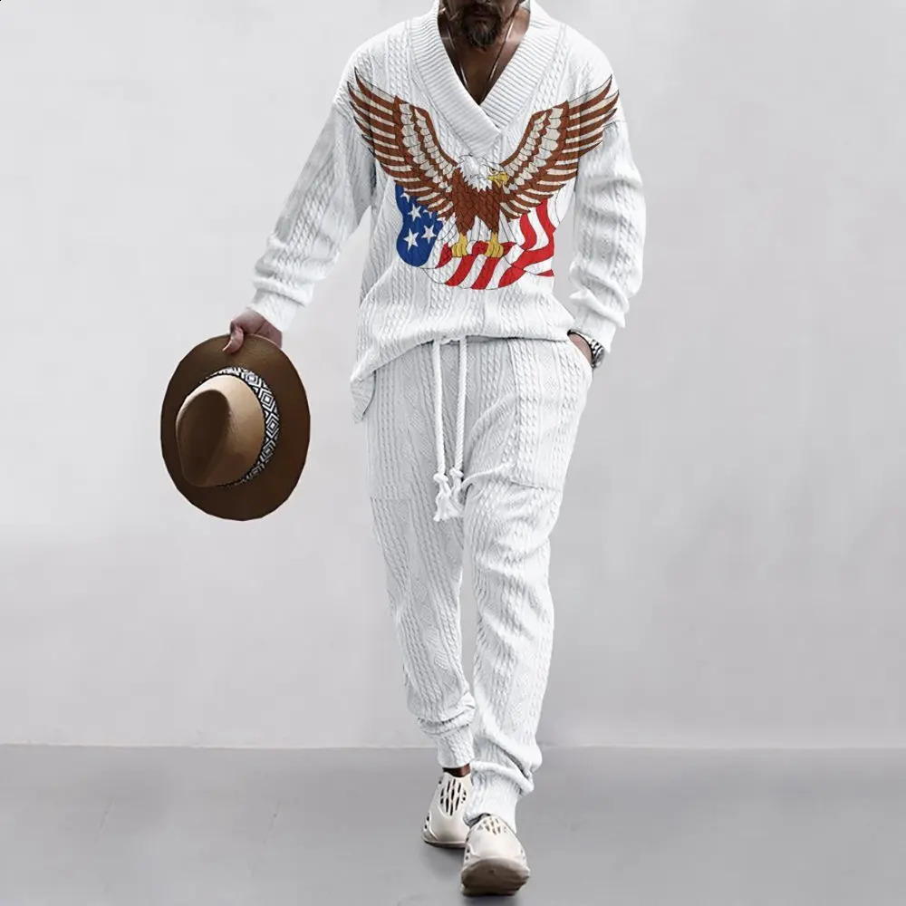 autumn mens loose casual sportswear high-quality jacquard V-neck long sleeved mens two-piece mens set 250411