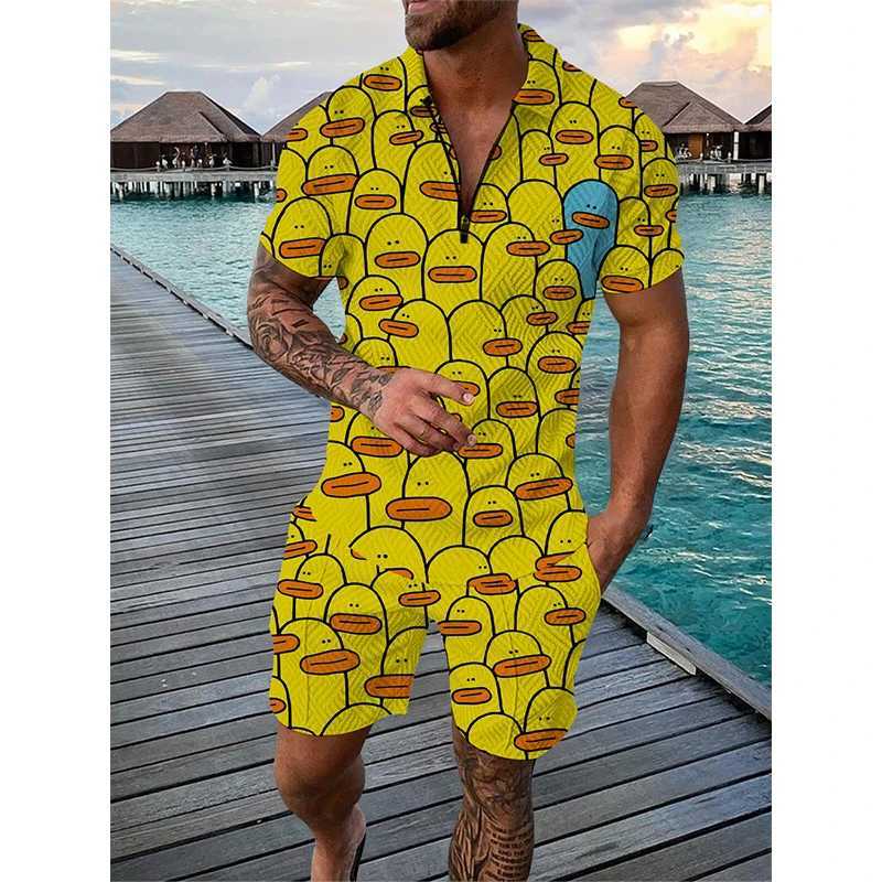 Summer mens track and field suit duck panda 3D printed short sleeved zipper polo shirt short sleeved set 2-piece mens oversized streetwear setXJ250412