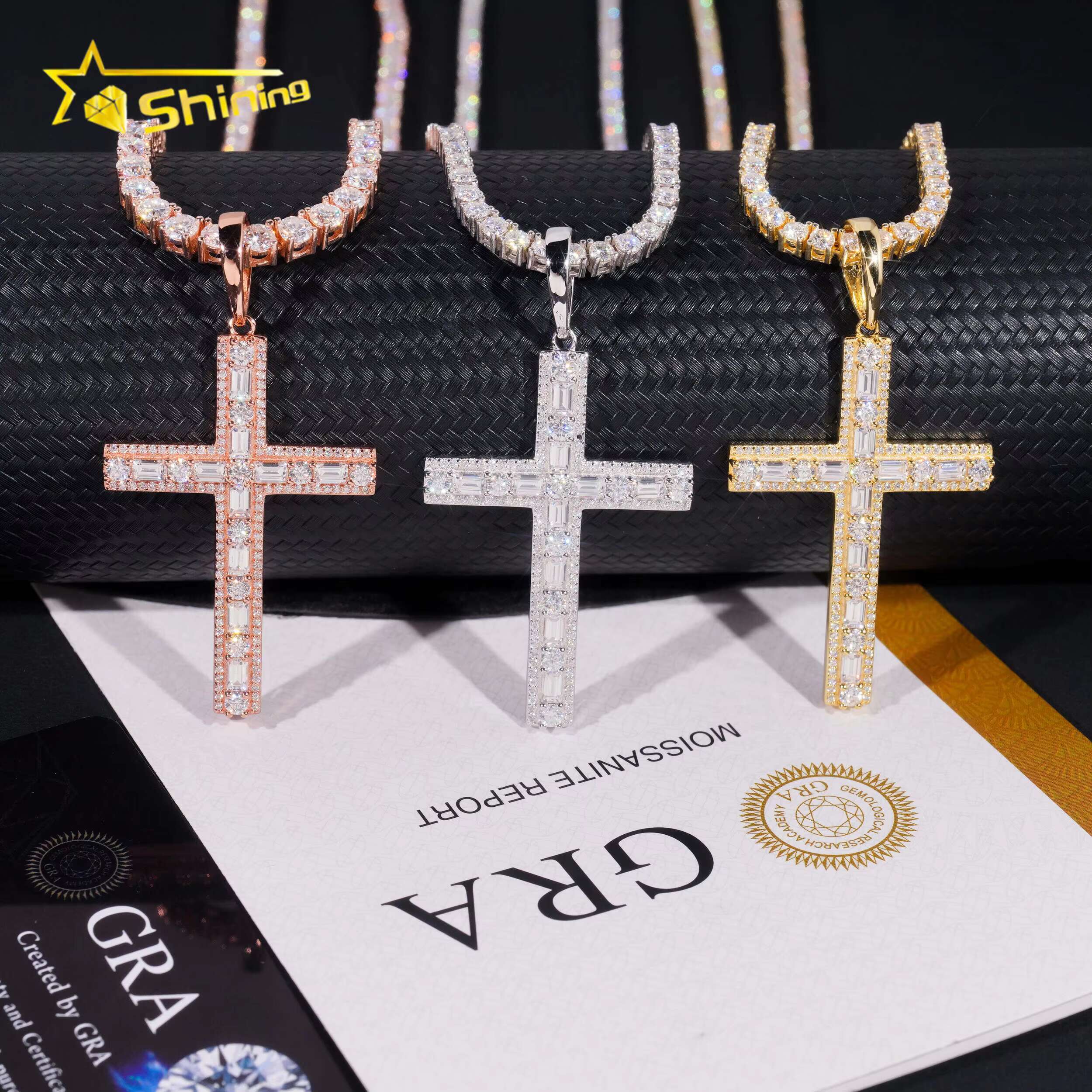 Hot Sale Baguette Moissanite Cross Pendant 925 Sterling Silver Gold Plated Pass Diamond Tester GRA Moissanite Charms Necklace