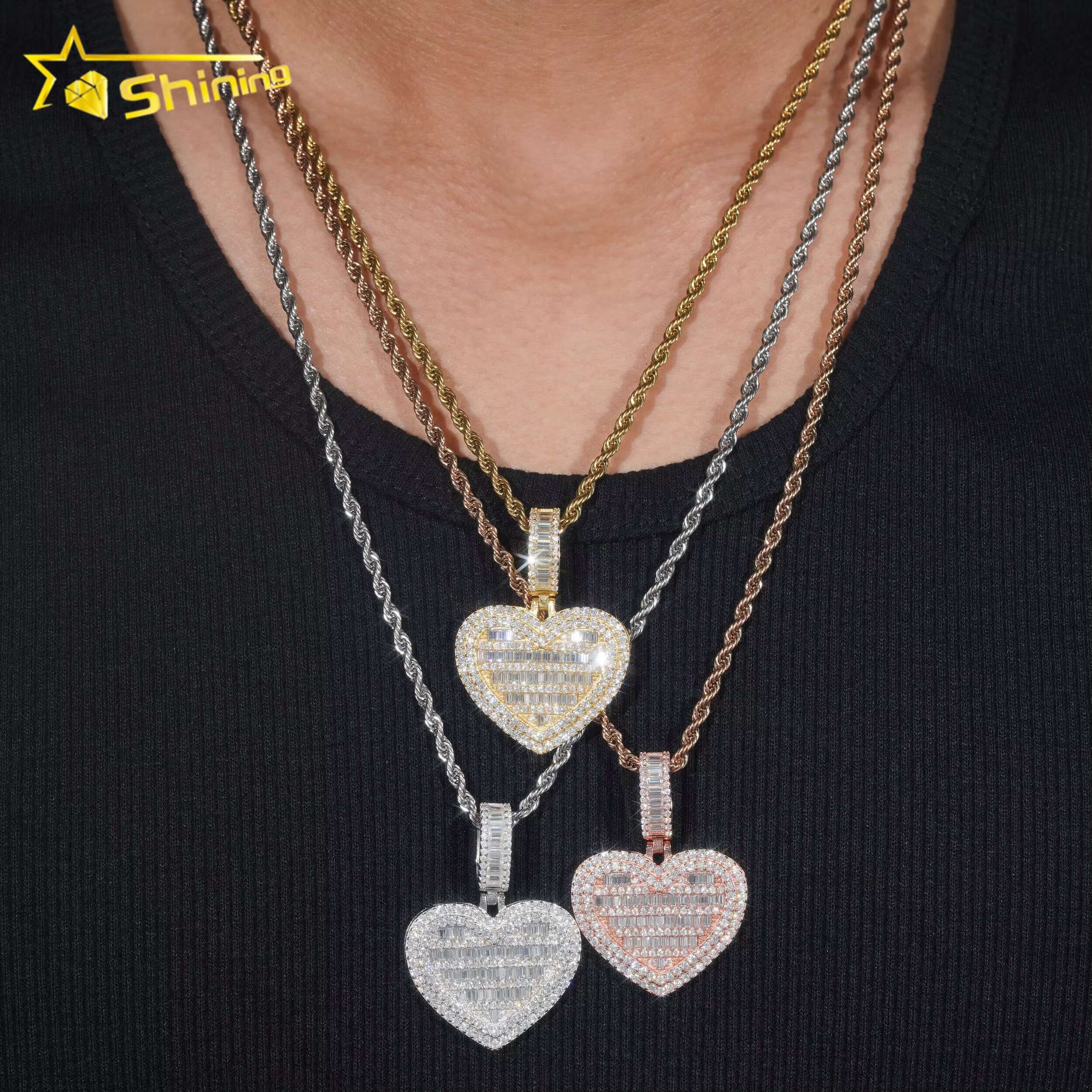 Promotion Pass Diamond Tester 925 Sterling Silver Gold Plated Custom Made Iced Out Hip Hop Heart Baguette Moissanite Pendant