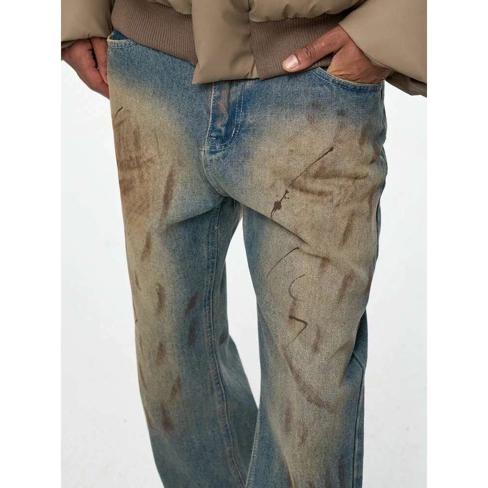 Retro Washed Mud Dyed Wasteland Style For Men Y2k Hombre Distressed Dirty Jeans Unisex