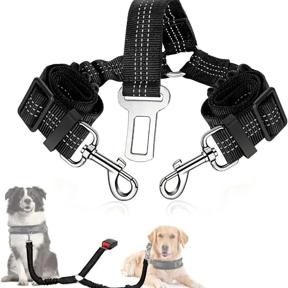 Double dog seat belt with adjustable elastic car seat belt equipped with impact reflective dog car restraint suitable for pet seat belts Y250412