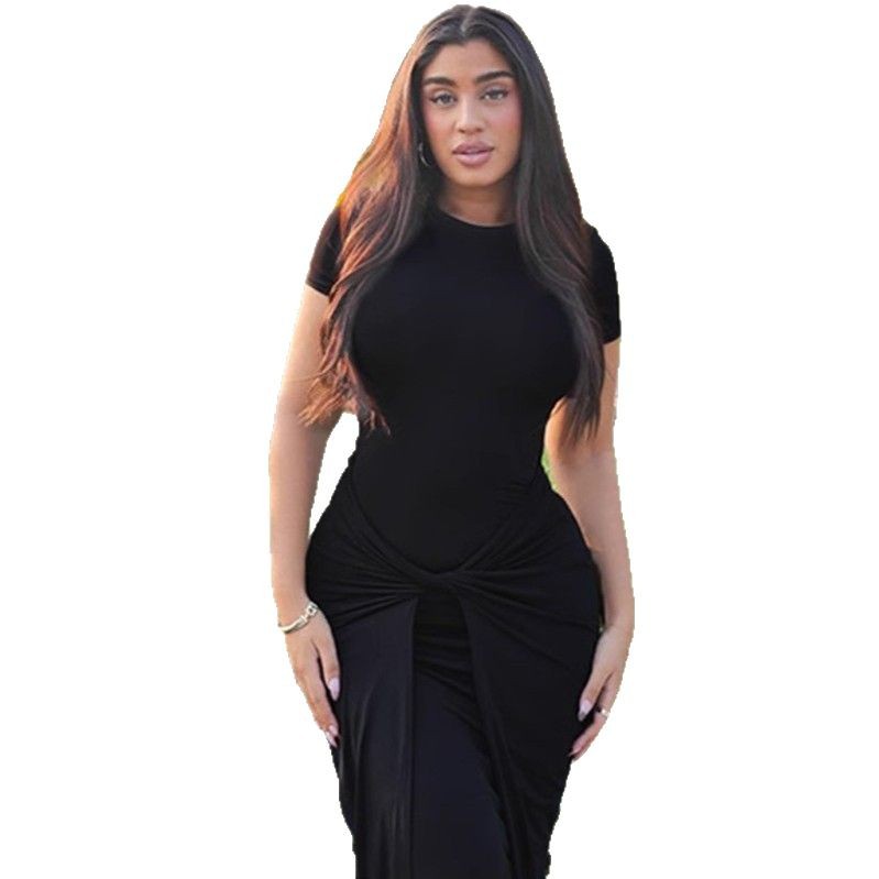 M49Fashionable Summer Dress for Women - Solid Color, Twist Pattern, Slim Fit with Round Neck & Short Sleeves